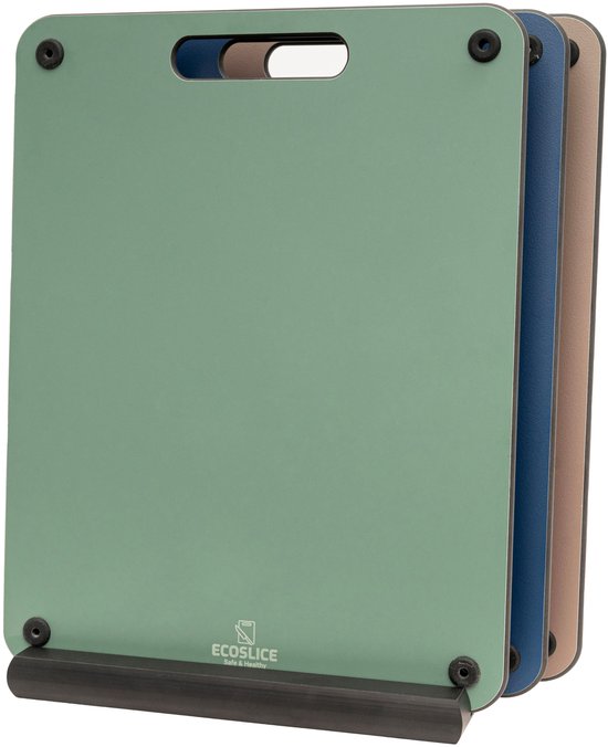 Primecook EcoSlice - Planches à découper - Trois couleurs - lot de 3 (30 x 23,5 cm) avec support - composite de fibres de bois - durable et sûr - résistant à l'usure - antibactérien