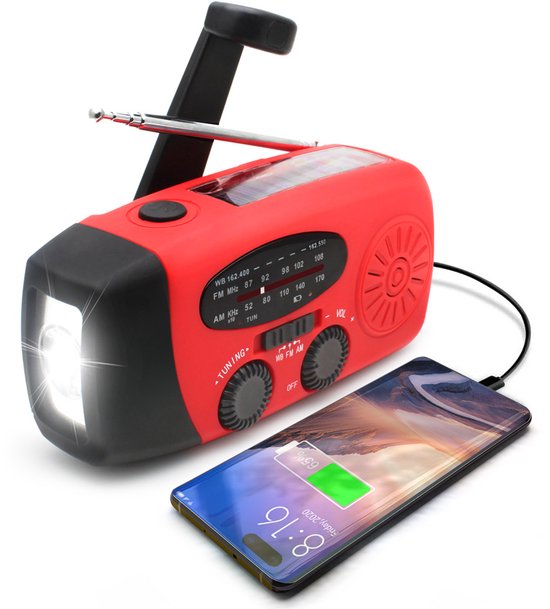 Noodradio met handzwengel en LED-zaklamp voor noodgevallen, draagbare AM/FM NOAA-weerradio met 2000 mAh powerbank, telefoonoplader, USB-oplaadbaar en op zonne-energie voor kamperen en noodgevallen