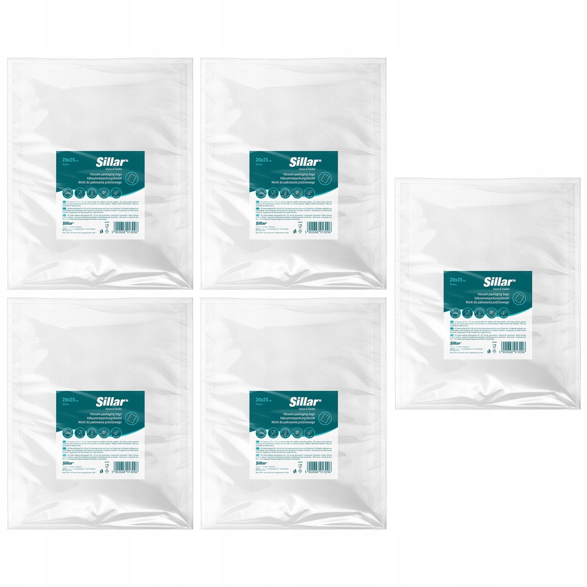 Sillar, vacuümzakken voor levensmiddelen, 250 vacuümzakken 20x25cm BPA-vrij, vacuümzakken voor vacuümverpakkers en folielasapparaten, compatibel met vacuümverzegeler, sous-vrieszakken sterk, 5 x 50 stuck