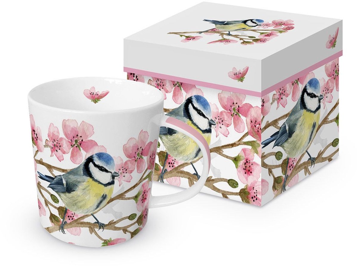 PPD - mok met koolmeesje - bloesem - 4 dl - porselein - moederdag - kado - kadoverpakking - Oiseau printemps