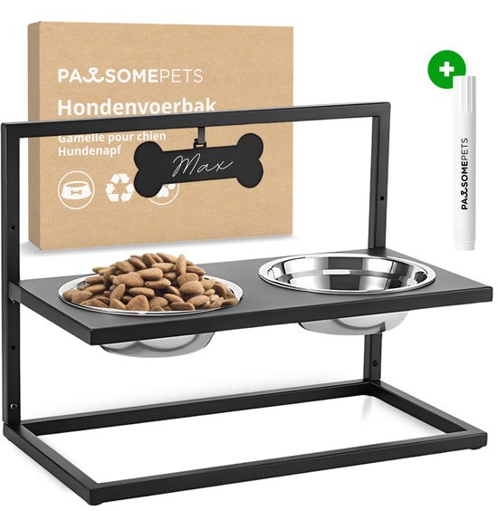Pawsomepets Gamelle surélevée pour chien – 3 hauteurs réglables – Gamelle pour chien – Gamelle avec support – Zwart