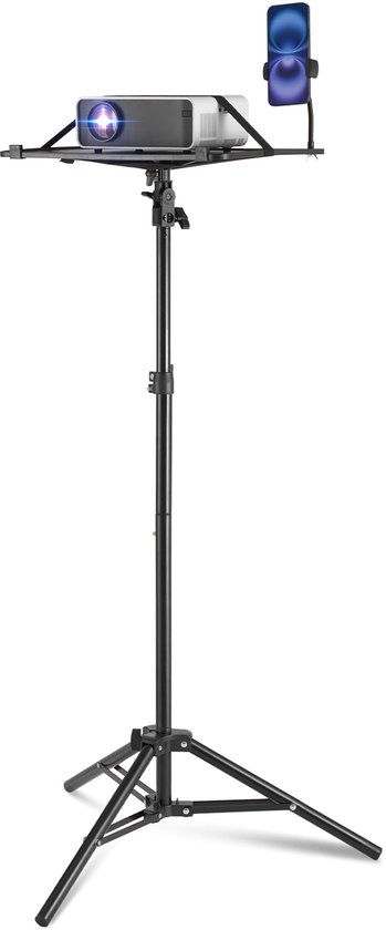 Support de projecteur, support pour ordinateur portable avec hauteur réglable de 685 à 1600 mm, support de projecteur portable avec étagère et support de téléphone col de cygne, adapté aux films en extérieur