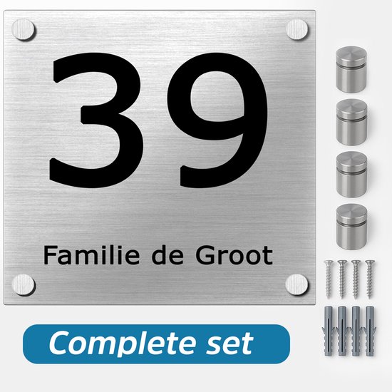Plaque signalétique porte d'entrée Maison - Panneau - Nom et numéro de maison - 15 x 15 cm - Aluminium brossé - Numéro uniquement - Incl. Kit de montage + entretoises inox
