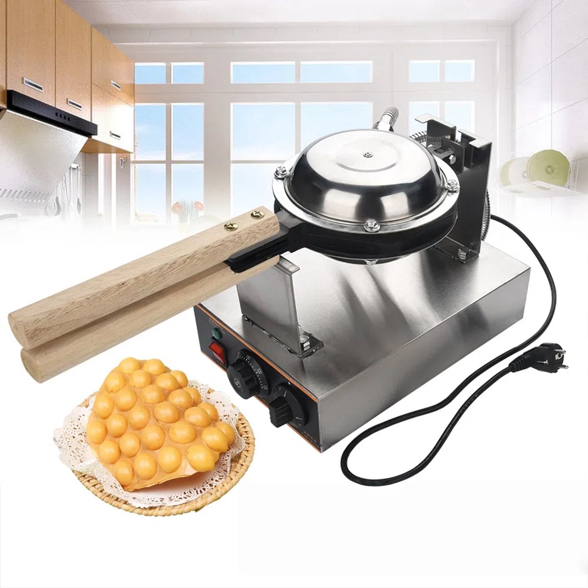 Professioneel Bubbelwafelijzer – Hong Kong Eierwafel Maker – RVS – Met Houten Handvat, Timer & Temperatuurregeling