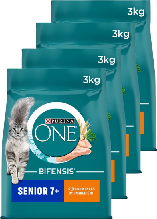 PURINA® ONE® Senior - Kattenbrokjes - Kip & Volkoren Granen - 4 x 3 kg