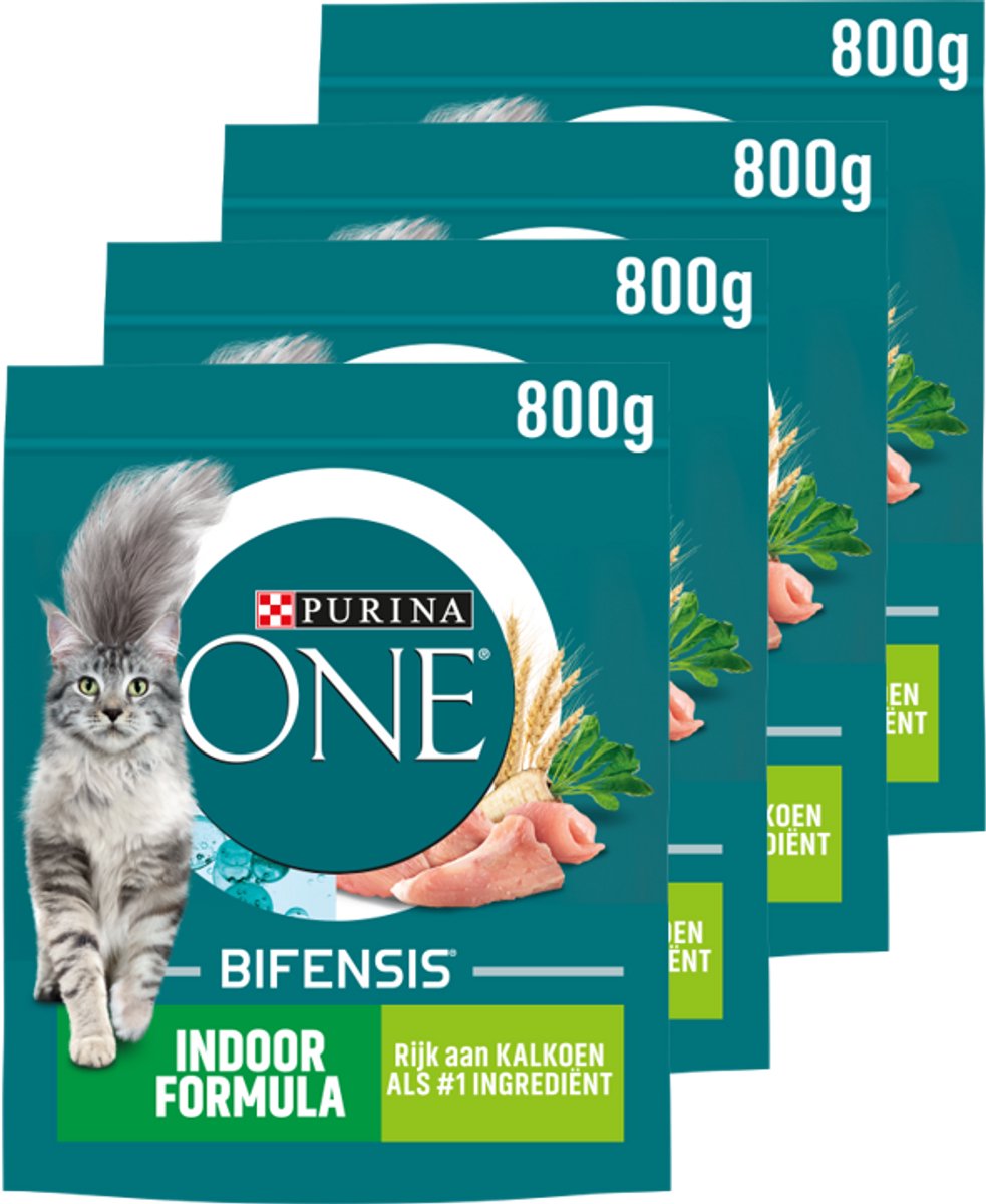 4x Purina ONE Kattenvoer Droog Indoor Kalkoen 800 gr