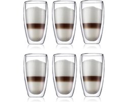 Bodum Dubbelwandige Latte Macchiato Glazen Pavina – 450 ml – 6 Stuks – Luxe Set voor Warme en Koude Dranken – Met Gepatenteerd Ventiel en Thermische Isolatie – Vaatwasser-, Magnetron- en Ovenbestendig – Modern Design