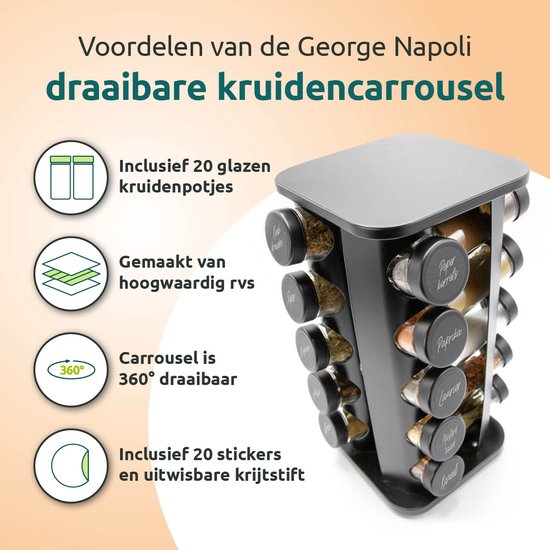 Zwart, draaibaar kruidenrek met 20 glazen potjes, gemaakt van hoogwaardig RVS.