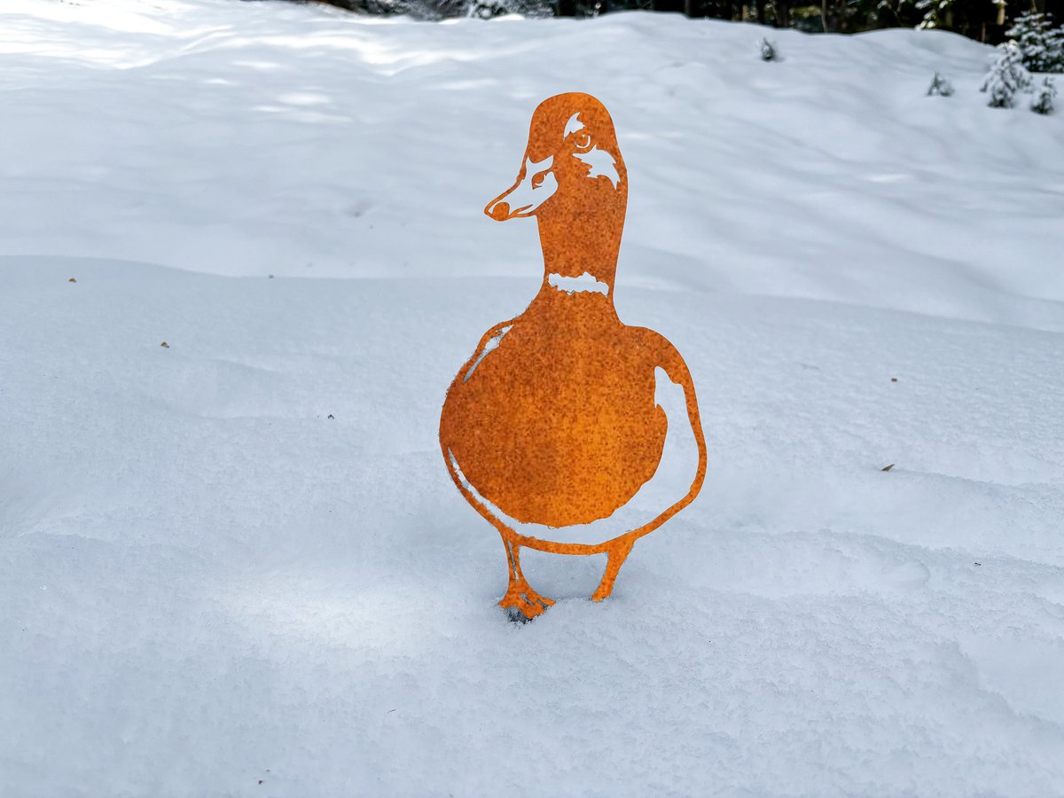 Metaal silhouet Eend Woerd Staredown - Cortenstaal - Tuindecoratie - Voor in de grond - Grondprikker / Grondsteker - Ideaal geschenk - Vijverdecoratie - Steelhout