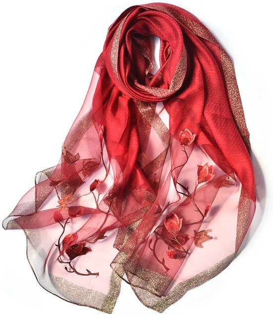 Écharpe femme - Fleurs - Brodée - Rouge