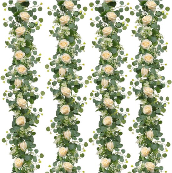 Kunstbloemen Slinger Met Champagne Rozen - 4 Stuks Eucalyptus En ...