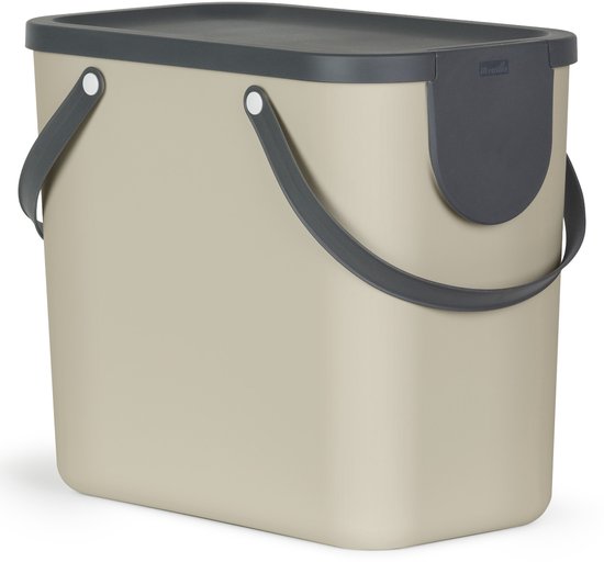 Beige afvalbak van kunststof met grijs deksel en handvatten.