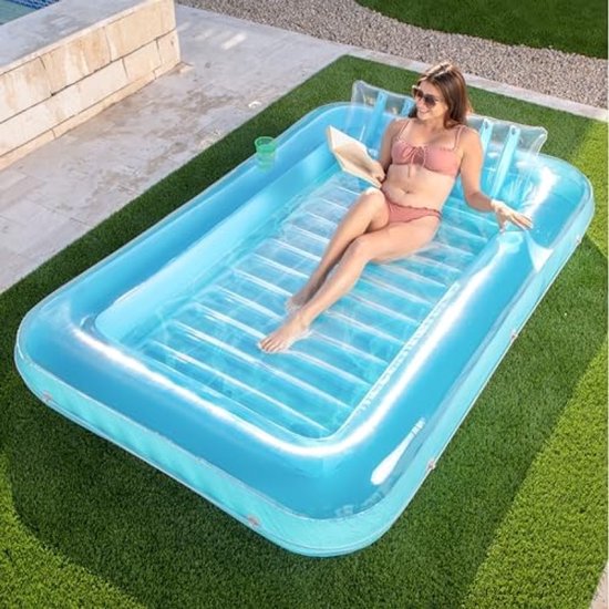 Extra Grote Opblaasbare Tanning Pool Lounge Float - 212x142cm - Blauw - Met Drankhouders en Verwijderbare Hoofdsteun - UV-bestendig PVC - Geschikt voor 2 Personen