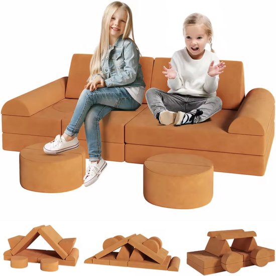 Speelbank, 14-delig modulair kinderbankje, kinderbank van schuimrubber, bouwstenen, speelbank voor kinderen en kinderfauteuil, knuffelhoek in de kinderkamer, om te spelen, creatief zijn, slapen; grijs