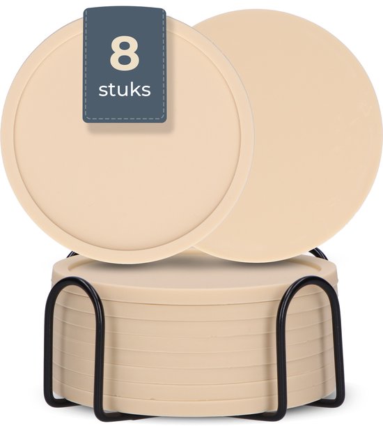 Sous-verres en Siliconen Castagnola – Sous-verres de Sous-verres Verres Design support – Set de 8 dessous de verre – Antidérapants – Beige
