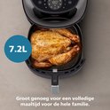 Zwarte Philips Airfryer met een grote goudbruine kip erin. Een blauwe cirkel met '7.2L' staat links.