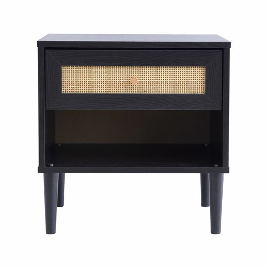 ACAZA Nachtkastje - Nachtkastjes - Zwart - 48 x 39 x 49 cm (B x D x H) - Rotan accent - Nachtkastjes - Kast - Table de chevet - Nachtkastjes Modern