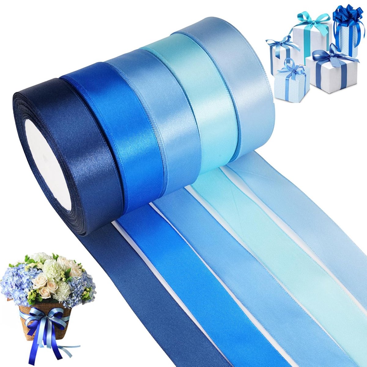 Satijnlint Set van 5 Rollen in Blauw - 22m x 25mm, Perfect voor Cadeaus en Creatieve Projecten