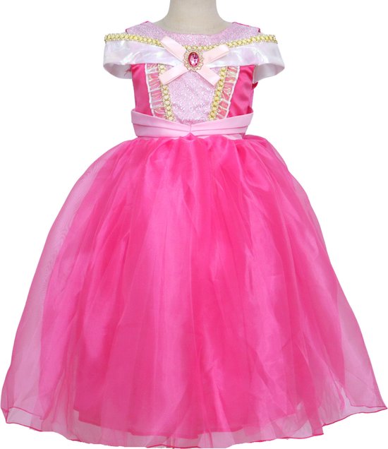Roze prinsessenjurk met korte mouwen, off-shoulder kraag en tule rok.