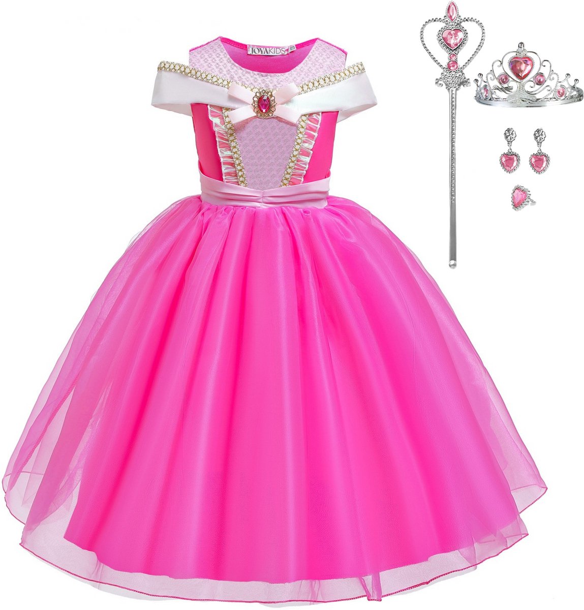 Joya Kids® Roze verkleedjurk korte Mouw | Zomerse Roze Prinsessenjurk | verkleedkleding Meisje | Hard roze Jurk + kroontje & Staf & Sieraden | Cadeau meisje — afbeelding 11