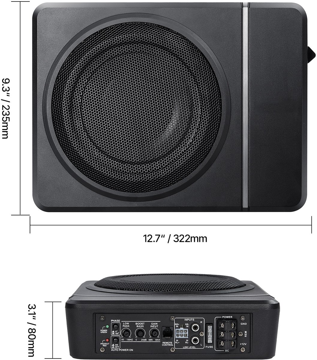 10 Inch 800W Slim Under Seat Car Subwoofer with Blue LED Ambient Light, Excellent Heat Dissipation, Reliable Performance, Wired Remote Control (BLUE