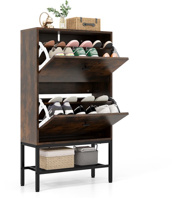 Foto: Costway schoenenkast met 2 kleppen schoenenkast met 4 legplanken open rek smal schoenenrek met verstelbare scheidingswand 60 x 24 x 106 cm rustiek bruin 