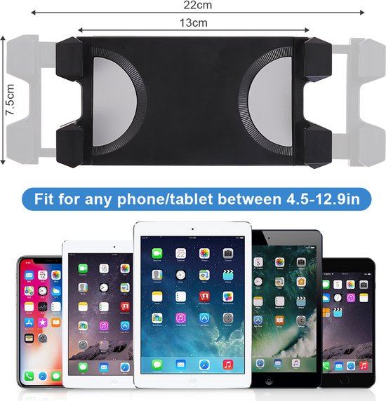 Zwarte verstelbare tablet/telefoonhouder van 22cm breed, voor apparaten tussen 4.5-12.9 inch.