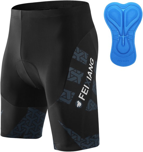 Zwarte fietsbroek met een geometrische print op de zijkanten en een blauwe 4D-zeem.