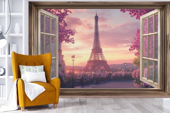 Behang - Fotobehang Doorkijk - Parijs - Eiffeltoren - Roze - Kersenbloesem - Breedte 390 cm x hoogte 260 cm