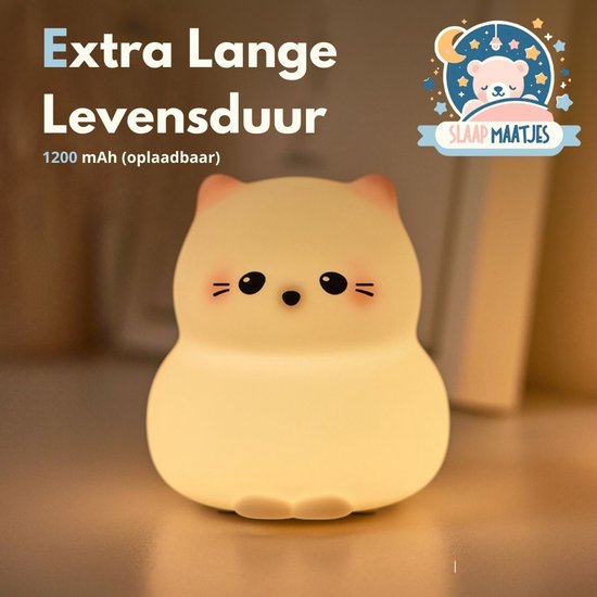 Geel verlicht katten nachtlampje met tekst 'Extra Lange Levensduur'. De specificatie '1200 mAh (oplaadbaar)' staat erbij.