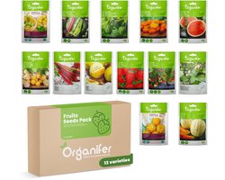 Fruit Zaden Pakket - 13 Soorten - Fruit Zaden - Fruitplanten - Moestuinzaden - Watermeloen Zaden - Muismeloen - Aardbeien Zaadjes - Komkommer Zaden - Rabarber Zaden - Fruitplanten Mix Set - Organifer