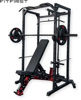 FitFirst Krachtstation – Multifunctioneel Squatrek met Cable Pull & T-bar Row – 200 kg – Thuisgym – Zwart
