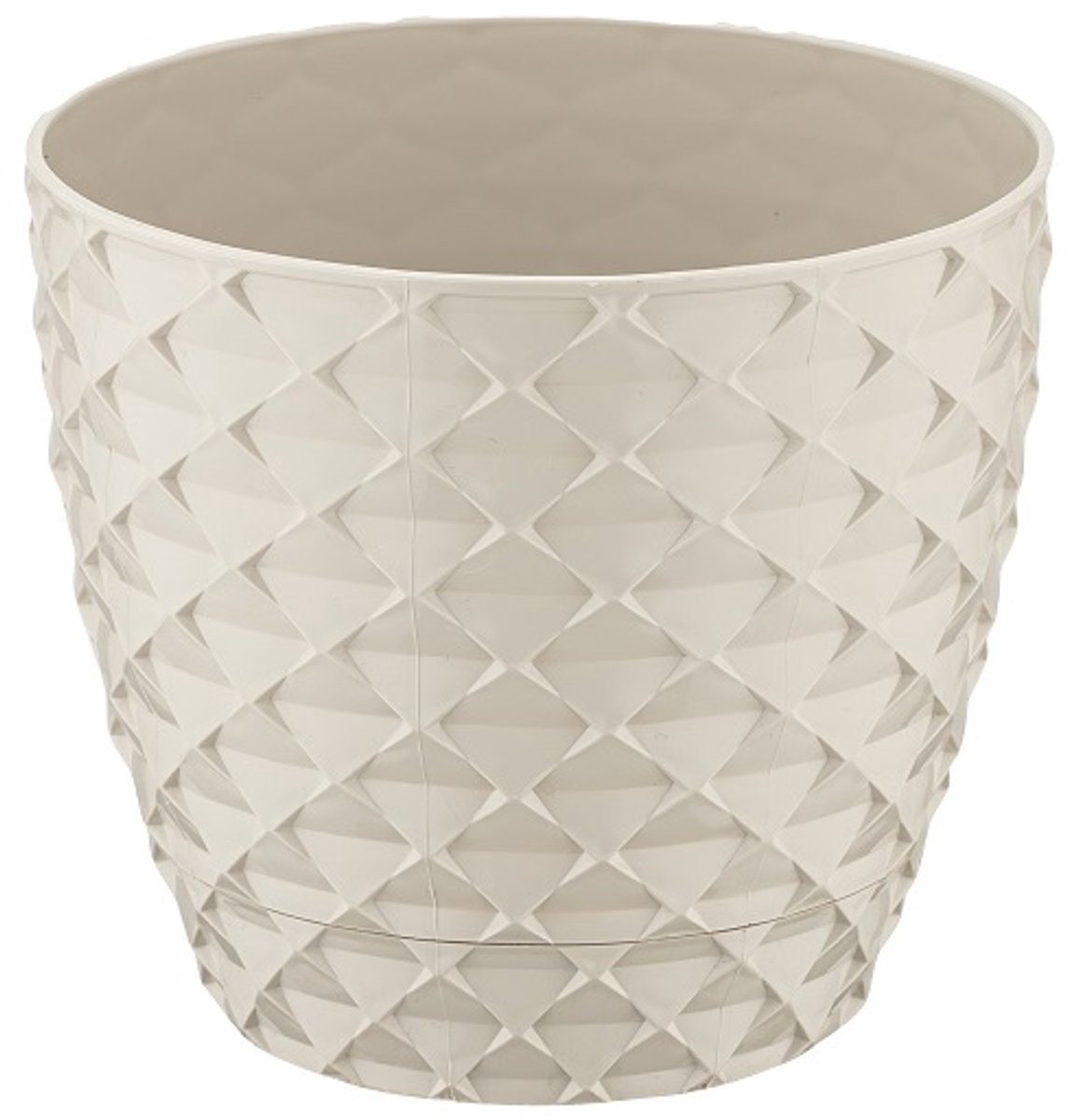 3+2 - Bloempotten - rond crème met afwatering en wateropvang - 5 ronde beige sierpotten