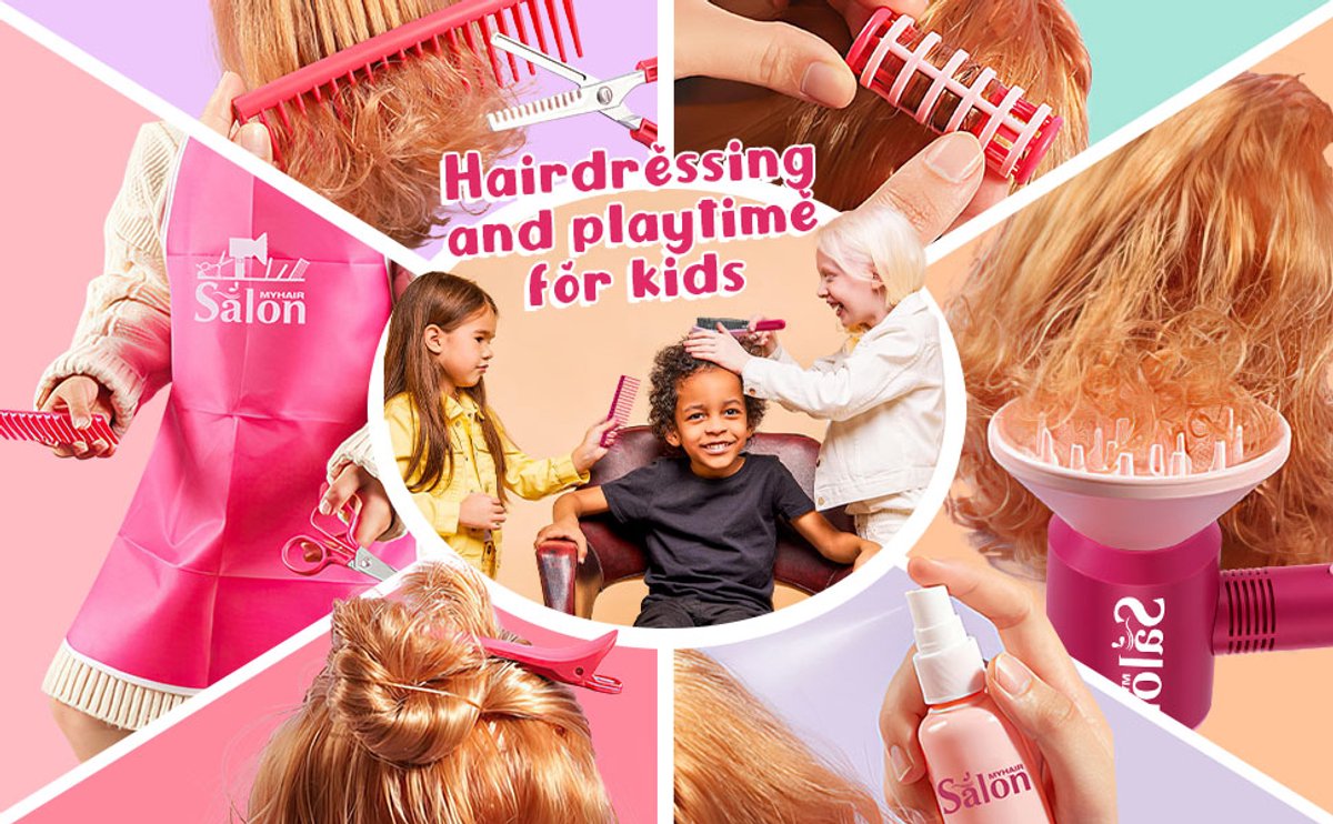 Kappersset Speelgoed voor Kinderen (22 stuks) - Kappers speelset - Met föhn die echt kan föhnen en accessoires- Haardroger - krultang - Haarborstel - Kapperskoffer - Make-upset Speelgoed — afbeelding 8