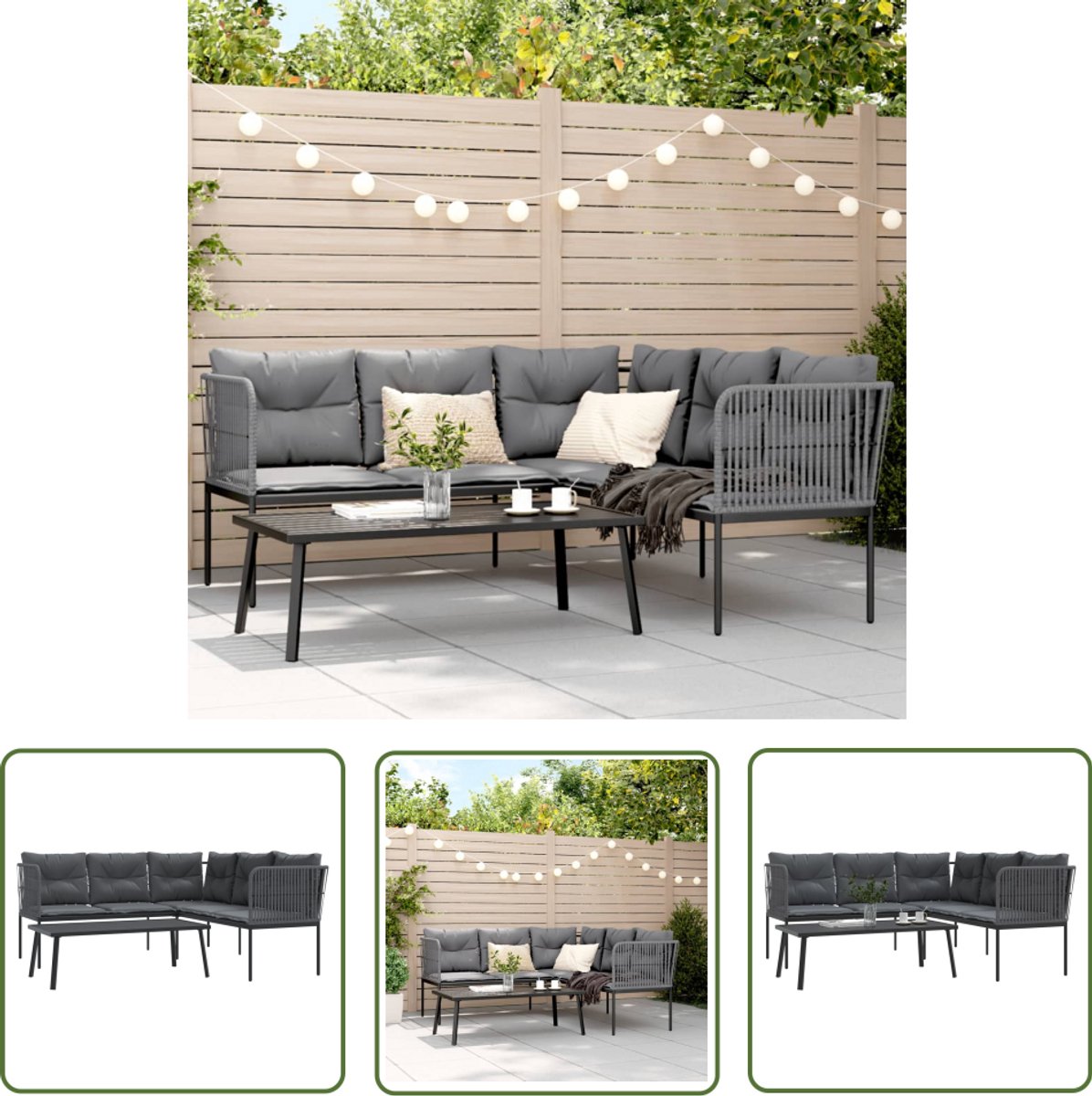 The Living Store Loungeset met kussens staal en textileen zwart - Tuinlounge - Lounge Set - Tuinset - Buitendiner - Zitzakken