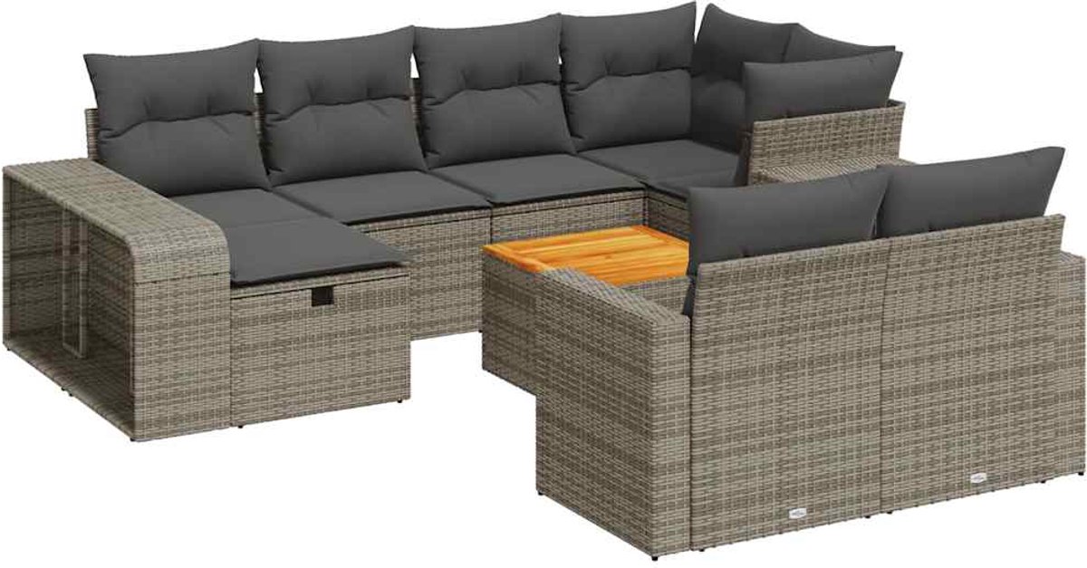 Grijze poly rattan loungeset met kussens voor buiten gebruik - Tuinmeubelset.