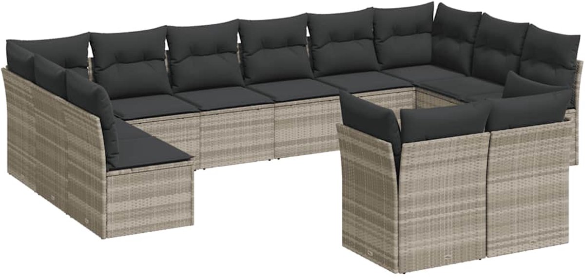 Moderne 12-delige loungeset in lichtgrijs poly rattan met kussens.