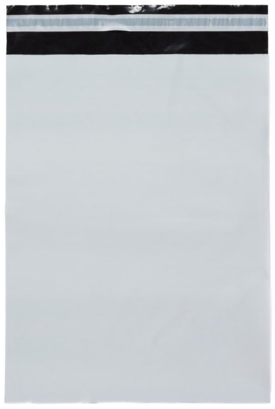 Sac d'expédition blanc avec bande noire et grise sur le dessus.