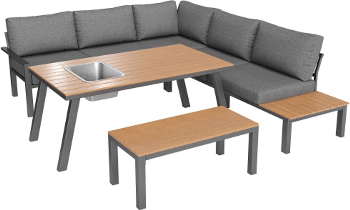 Gotagee Tuinloungeset voor 6-7 personen, geschikt voor tuin, balkon, terras, weerbestendige zitgroep, eetgroep, moderne tuinmeubelset, gegalvaniseerd ijzeren frame, tafelblad met ijsemmer