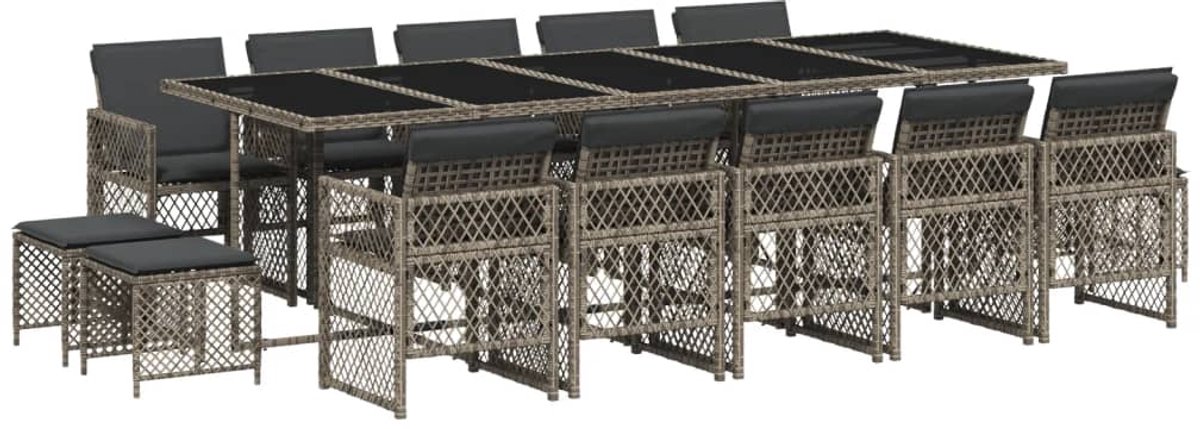 The Living Store 15-delige Tuinset met kussens poly rattan grijs - Tuinmeubel - Tuinset - Buitentijd - Lounge Set - Relaxen