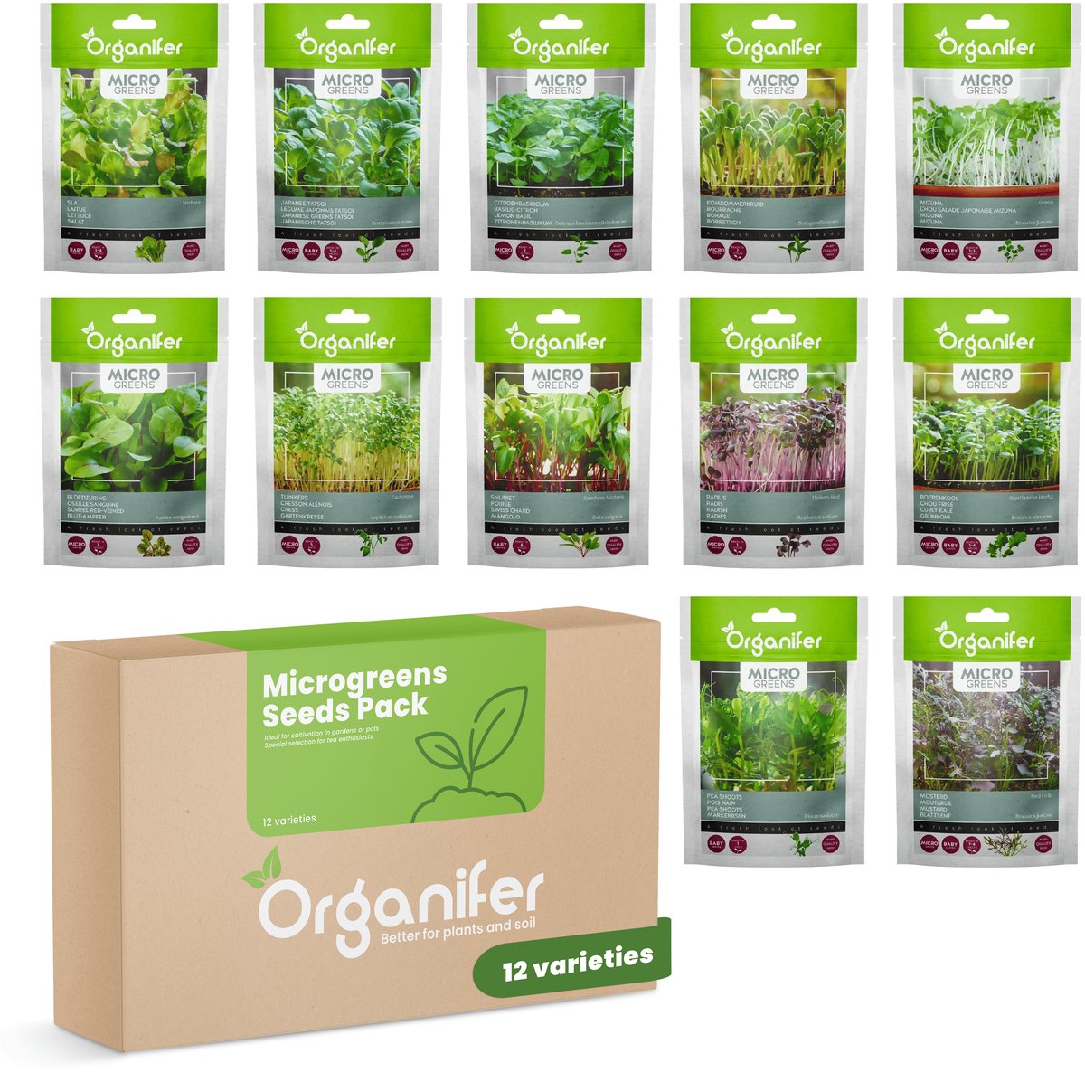Microgreens (Babyleaf & Microleaf) Pakket - 12 Soorten - Kiemzaden - Tuinkerszaadjes - Moestuinzaden - Sla Zaden - Radijs Zaden - Boerenkool Zaden - Microgreens Zaden - Organifer