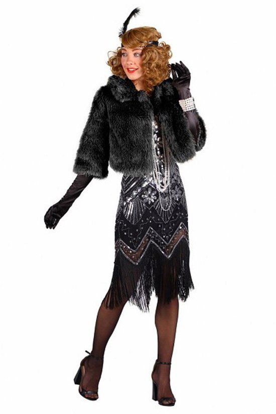 Veste en fausse fourrure Charleston Zwart des années 20 Taille