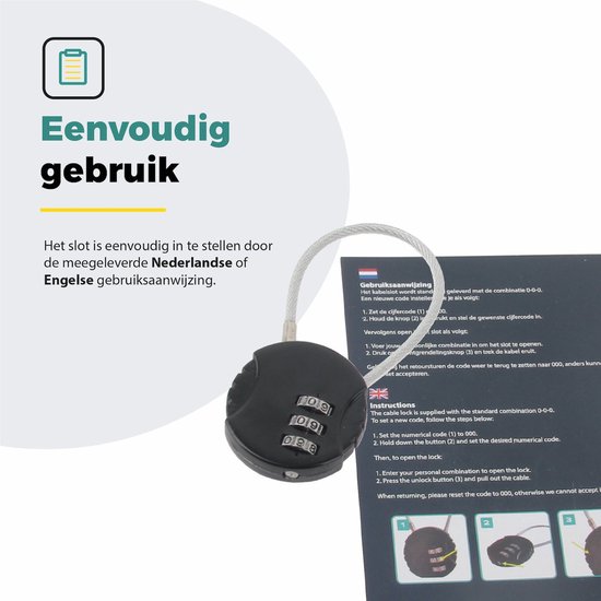 Voltano Fietstas Slot - Hangslot / Cijferslot - Zwart - Reisslot Fietstasslot van Voltano — afbeelding 2