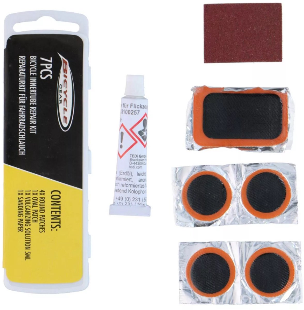 Fietsband Reparatieset – Compact Plaksetje met Lijm, Plakkers & Schuurpapier – Handige Reparatiedoos voor Lekke Banden