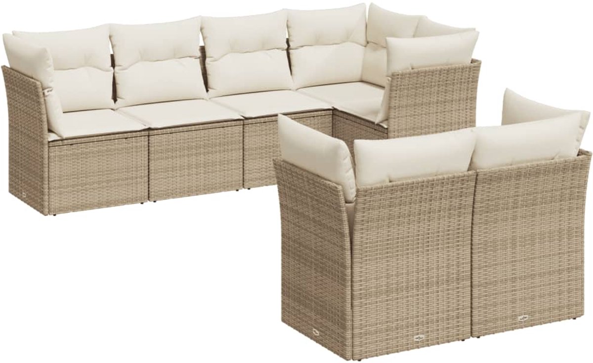The Living Store 7-delige Loungeset met kussens poly rattan beige - Loungeset - Lounge Set - Tuinset - Buitendecoratie - Tuinmeubels