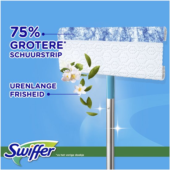 Gros plan sur la serpillère Swiffer avec une bande abrasive plus grande pour une fraîcheur durable.