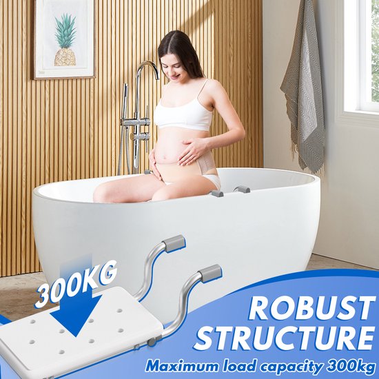 Zwangere vrouw zit in een wit badkuipbadzitje met grijze armleuningen. Tekst '300KG' en 'ROBUST STRUCTURE' met maximale draagkracht 300 kg.