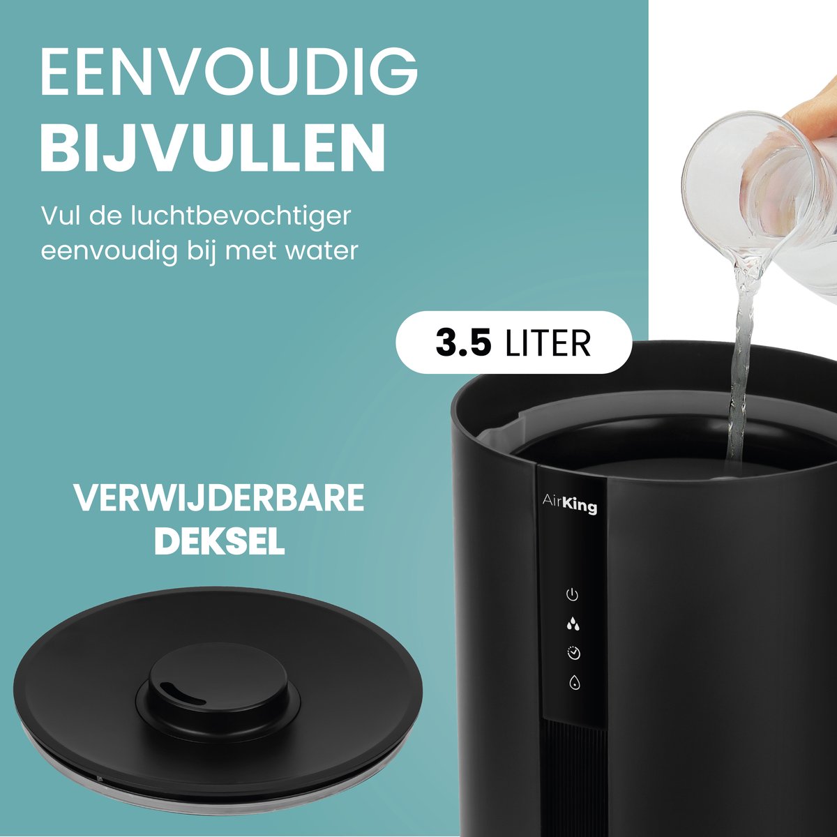 AirKing Luchtbevochtiger - Humidifier Zwart - Bevochtiger huiskamer slaapkamer - Topfill - 3.5 Liter - Hygrometer - Aroma thumbnail 4