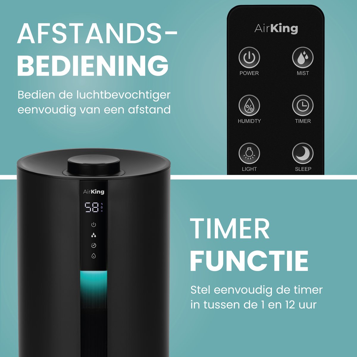 AirKing Luchtbevochtiger - Humidifier Zwart - Bevochtiger huiskamer slaapkamer - Topfill - 3.5 Liter - Hygrometer - Aroma thumbnail 5