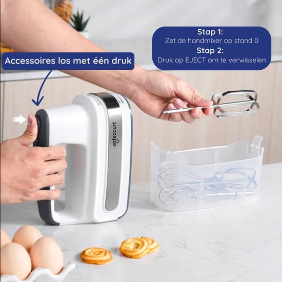 Safecourt Kitchen Handmixer – 5 snelheden + turbofunctie – kloppers, deeghaken & garde – Incl. opbergbox – Krachtig & stil – Lichtgewicht van Safecourt Kitchen — afbeelding 5